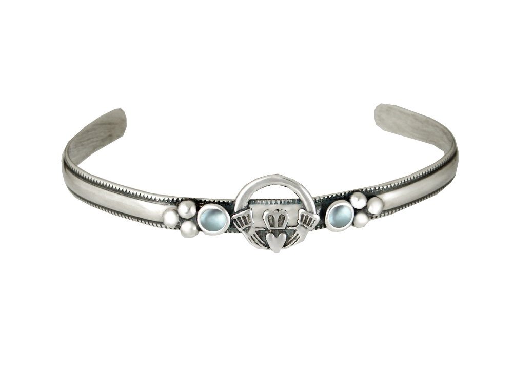 Sterling Silver Claddagh Cuff Bracelet With Blue Topaz